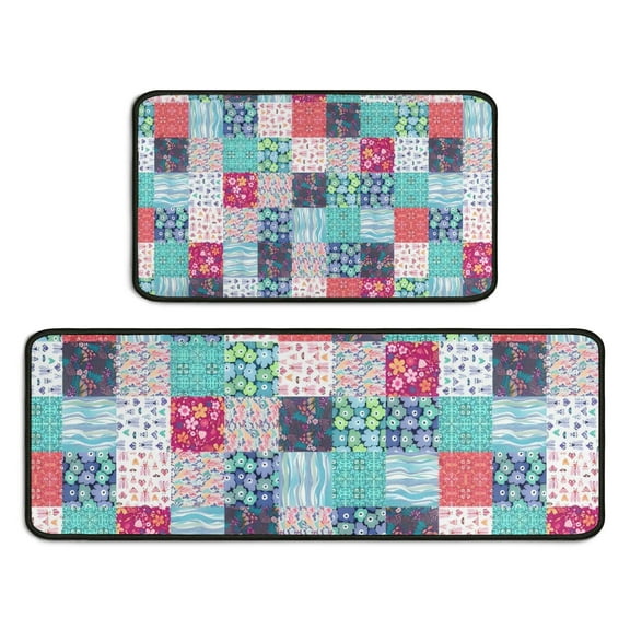 Blue Boho Pioneer Flower Patchwork Pattern Kitchen Rugs Sets Of 2,Anti Fatigue Kitchen Mat Rugs Non Slip Washable,Decorative Kitchen Floor Mats for Kitchen,Sink,Laundry,17"X30"+17"X47"