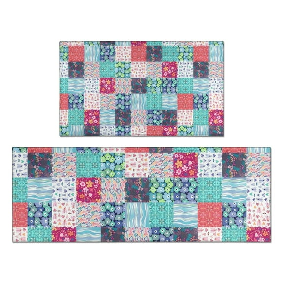 Blue Boho Pioneer Flower Patchwork Pattern Kitchen Rugs Sets Of 2,Anti Fatigue Kitchen Mat Rugs Non Slip Washable,Decorative Kitchen Floor Mats for Kitchen,Sink,Laundry,17"x30"+17"x47"