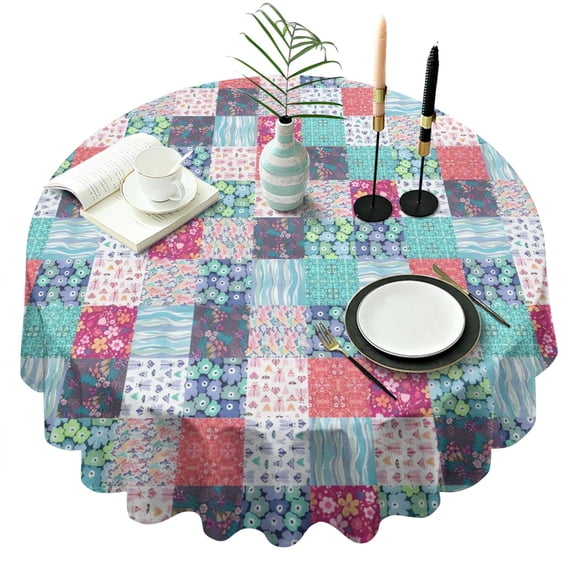 Blue Boho Pioneer Flower Patchwork Pattern Round Tablecloth 60"x60",Wrinkle Wipeable Table Cloth for Kitchen Dining Room Picnic Patio Party