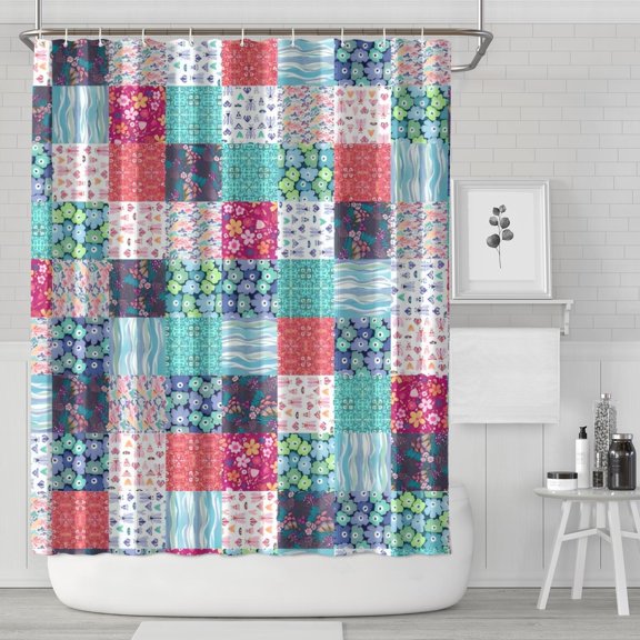 Blue Boho Pioneer Flower Patchwork Pattern Shower Curtain 84"x72" ,Bathroom Decorative Shower Curtains Set with 12 Hooks,Modern Waterproof Washable Shower Curtain