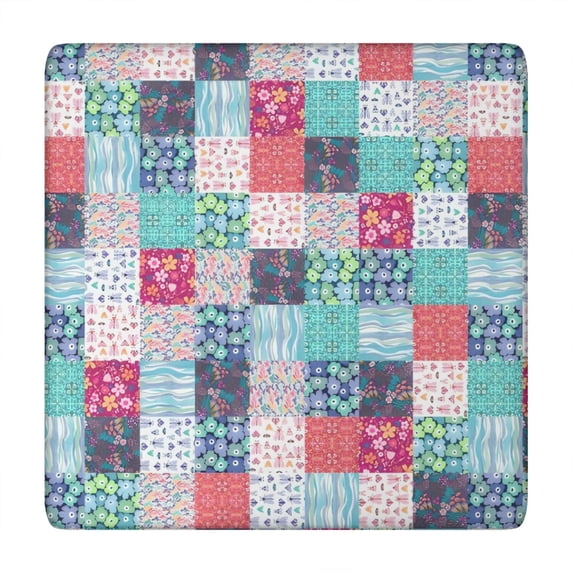 Blue Boho Pioneer Flower Patchwork Pattern Square Fitted Tablecloth with Elastic Edge,Square Table Cover,Washable Elastic Table Cover for Home Kitchen Party Decor 34"x34"