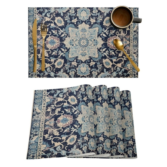 Blue Boho Placemats Set of 6, Modern Geometric Abstract Art Vintage Placemats for Dining Table, Place Mats for Kitchen Tabletop, Waterproof Wipeable Dining Table Mats Set