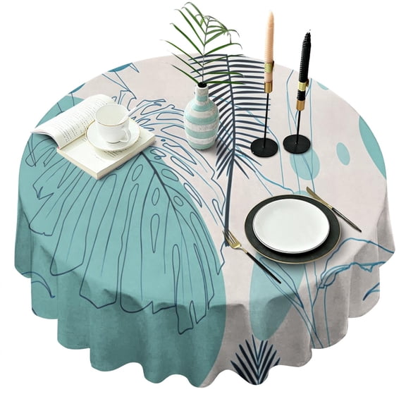 Blue Boho Plant Pattern Round Tablecloth 60"x60",Wrinkle Wipeable Table Cloth for Kitchen Dining Room Picnic Patio Party