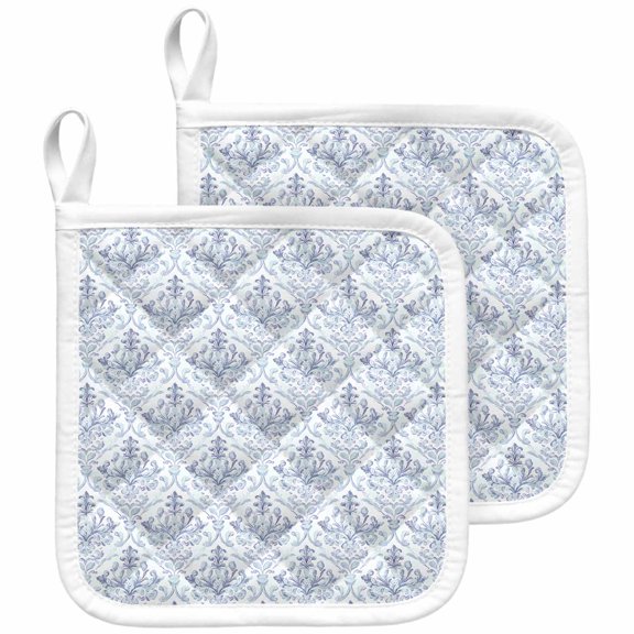 Blue Boho Pot Holders for Kitchen Heatproof Potholder, 2 Pack Middle Century Traditional Floral Pattern Hot Pads Multipurpose Oven Pads Cloth Potholders Trivet for Cooking and Baking