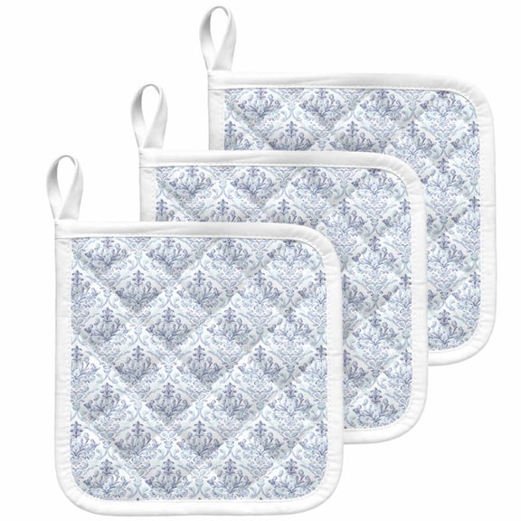 Blue Boho Pot Holders for Kitchen Heatproof Potholder, 3 Pack Middle Century Traditional Floral Pattern Hot Pads Multipurpose Oven Pads Cloth Potholders Trivet for Cooking Baking