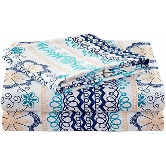 Blue Boho Printed Sheet Set Queen Size, 4 Piece Soft Floral Microfiber Sheets Extra Deep Pocket