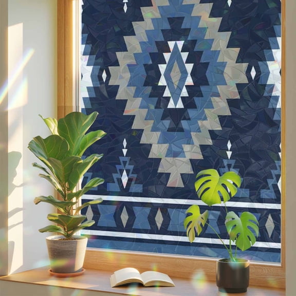 Blue Boho Privacy Window Film, Decorative Stained Glass Window Film, Aztec Southwest Abstract Geometric Motifs Resuable Rainbow Static Cling for Home Bathroom Living Room Glass Door 23.6"x59"