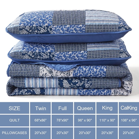 Blue Boho Quilt Set King Size, 3 Piece Plaid Floral Patchwork Bedding, Reversible Coverlet for All Seasons, Microfiber Bedspread, Blue