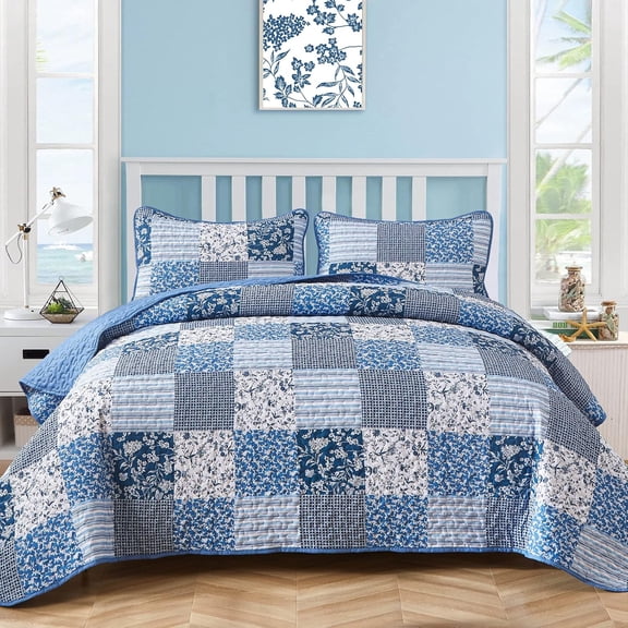 Blue Boho King Size Bedspread Coverlet Set 3 Pieces Plaid Floral Quilt Set Patchwork Bedding Set 90"x104"