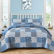 Blue Boho Queen Size Bedspread Coverlet Set 3 Pieces Plaid Floral Quilt Set Patchwork Bedding Set 90"x96"