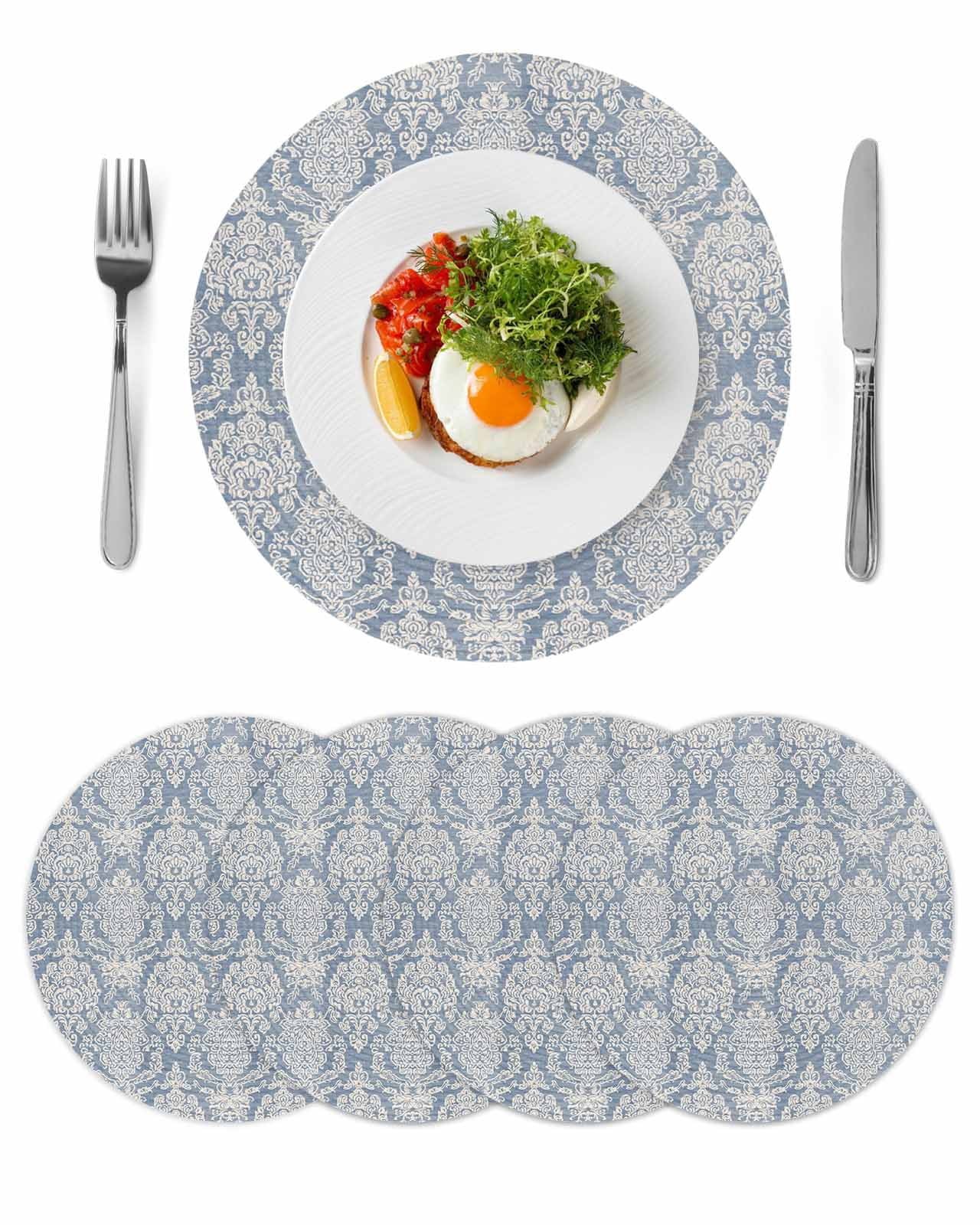 Blue Boho Round 13 Inch Placemats Set of 4, Vintage Mexican Ethnic ...