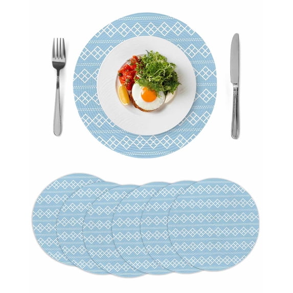 Blue Boho Round 13 Inch Placemats Set of 6, Vintage Ethnic Tribe Abstract Art Geometric HeatResistant Non Slip Place Mats for Dining Table, Wipeable Braided Kitchen Table Mats for Housewarming