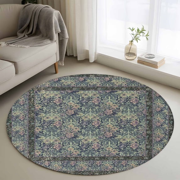 Blue Boho Round Area Rug 3Ft Washable Small Circle Rugs for Kitchen Entryway, Vintage Ethnic Tribe Abstract Art Floral Non-Slip Carpet Floor Mats Indoor Outdoor Carpet Runner Aesthetic Home Decor