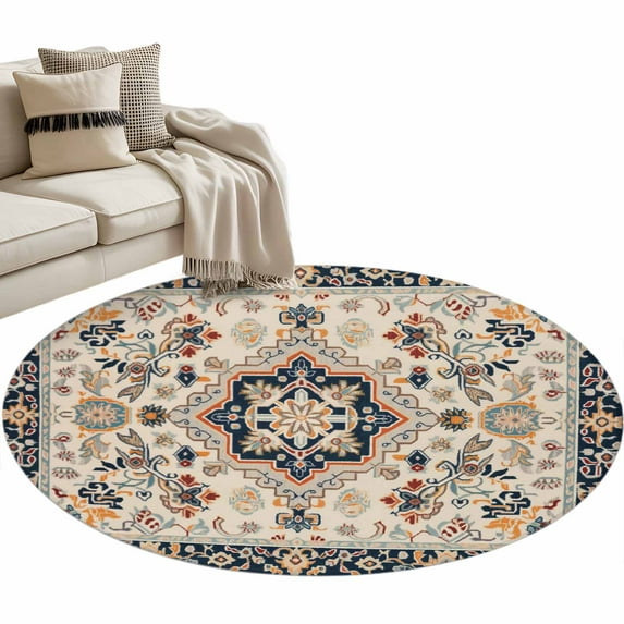 Blue Boho Round Area Rug 4ft, Ethnic Vintage Mexican Flowers ...