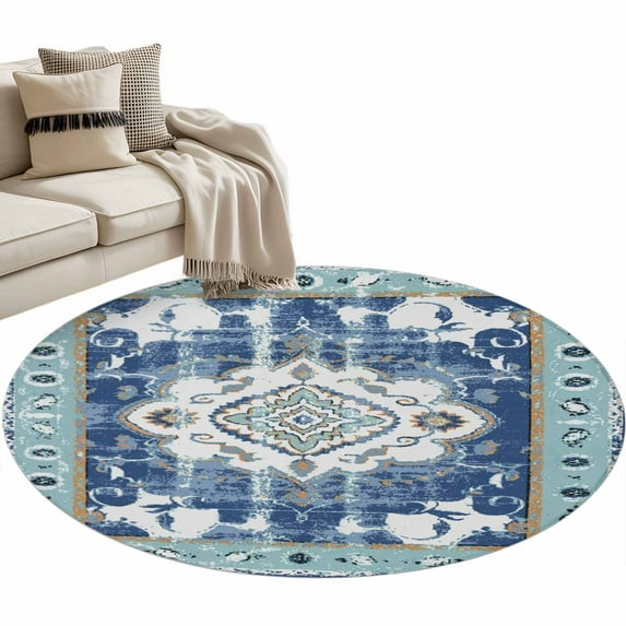 Blue Boho Round Area Rug 4ft, Farmhouse Bohemian Medallion Oriental Flower Washable Non-Slip Circle Rugs for Bedroom Living Room Kitchen, Soft Non Shedding Circle Carpet for Dining Room Dorm