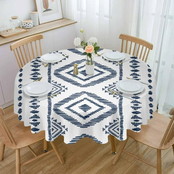 Blue Boho Round Tablecloth 60 Inch - Waterproof Fabric Table Cloth Protector, Modern Geometric Abstract Aesthetics Tablecloths Washable Table Cover for Kitchen Banquet Coffee Table Party
