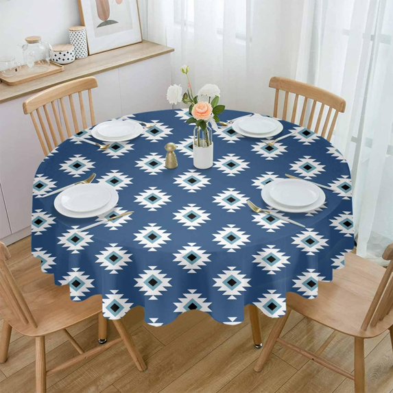 Blue Boho Round Tablecloth 60 Inch - Waterproof Fabric Table Cloth Protector, Southwestern Geometric Abstract Art Tablecloths Washable Table Cover for Kitchen Banquet Coffee Table Party