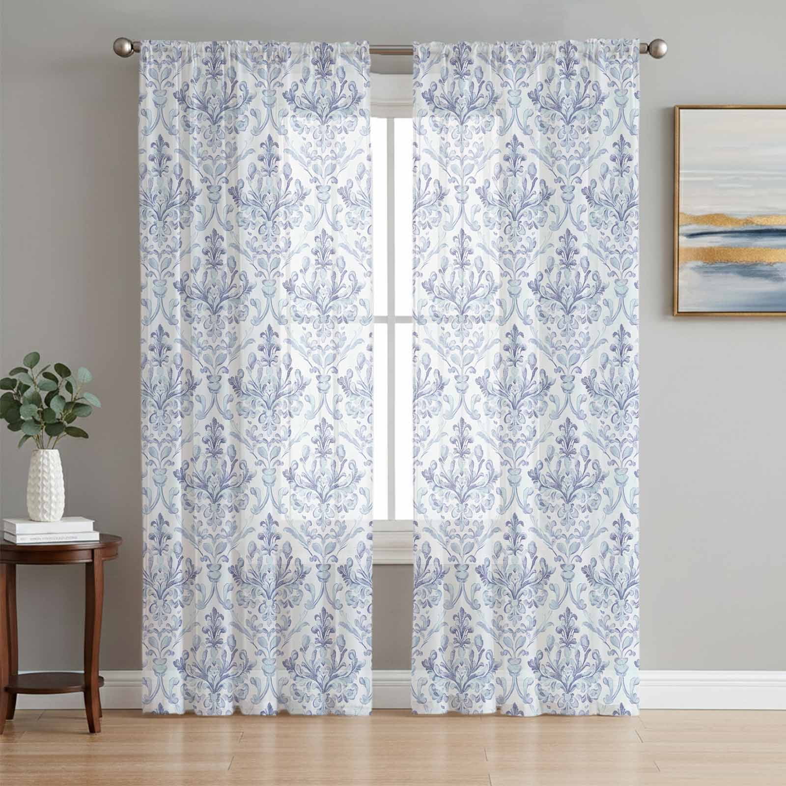 Blue Boho Sheer Curtains 84 Inch Length 2 Panels Set, Middle Century