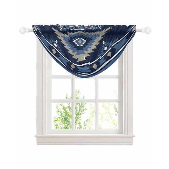 Blue Boho Sheer Waterfall Valance Curtains for Window, Aztec Southwest Abstract Geometric Motifs Rod Pocket Sheer Topper Swag Curtains for Living Room, Kitchen 38.5"W x 47.2"L, 1 Panel
