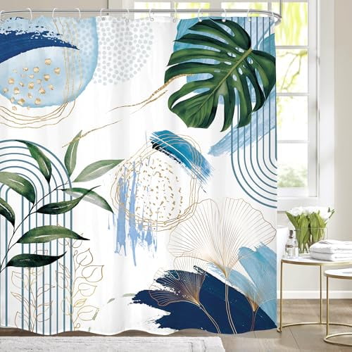Blue Boho Shower Curtain 72Wx72H Extra Long Modern Mid Century Abstract Bohemian Green Tropical Palm Leaf Bathroom Decor Minimalist Plant Geometric Bath Curtain Fabric Polyester 12 Pack Hooks