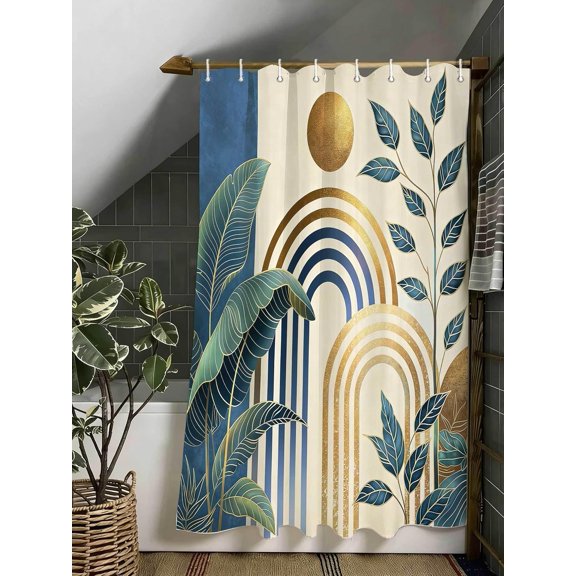 Blue Boho Shower Curtain Mid Century Abstract Boho Aesthetic Spring Summer Nature Leaf Sun Modern Minimalist Shower Curtains Decor with Hooks 36X72 Inches
