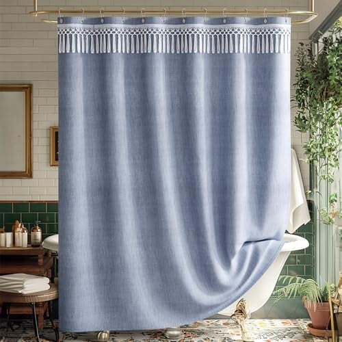 Blue Boho Shower Curtains for Bathroom, Farmhouse Shower Curtain with Top Tassels, Blue Shower Curtain Set, Faux Linen Fabric Shower Curtain with 12 Hooks, Hotel Quality, 72x72 Inches