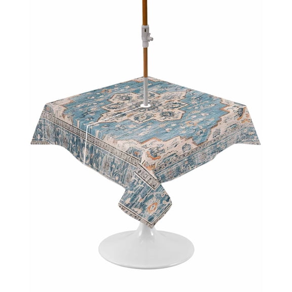 Blue Boho Square Outdoor Tablecloth, Waterproof Table Cloth Cover with Umbrella Hole and Zipper, Middle Century Abstract Art Western Geometric Table Protector for Patio Party Picnic 54"x54"
