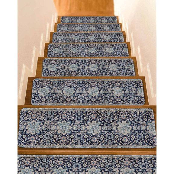 Blue Boho Stair Treads for Wooden Steps Indoor Runner Rug Carpet, Modern Geometric Abstract Art Vintage 4 Pieces Peel and Stick Staircase Step Treads Covers Washable Throw Door Mats, 30"x8"