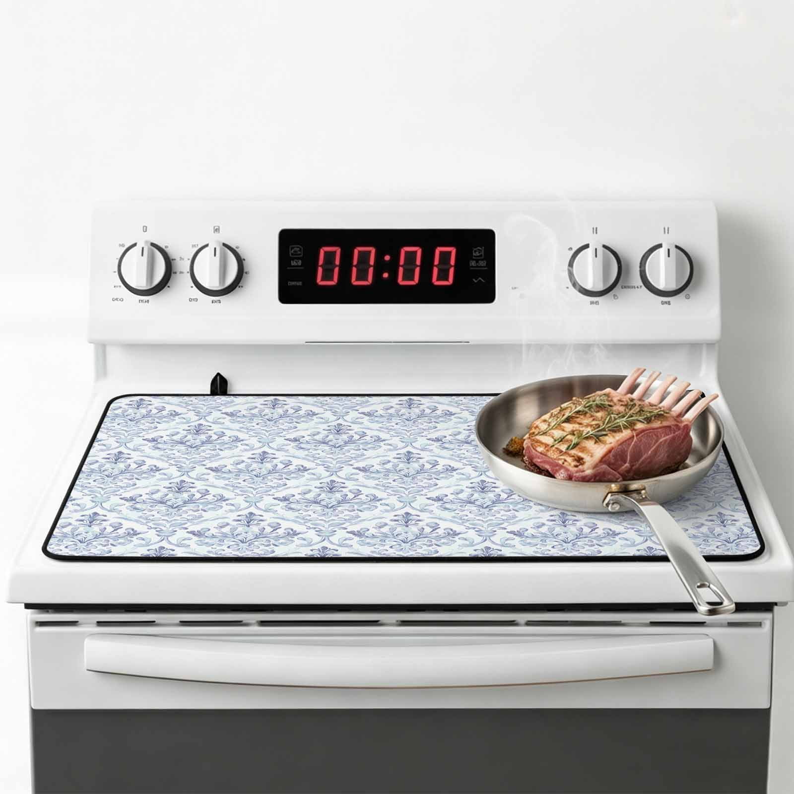 Blue Boho Stove Top Cover for Electric Stove, Heat-proof & Non Slip Glass Top Stove Cover Protector, Middle Century Traditional Floral Pattern Kitchen Flat Cooktop Rubber Mat 24x21 Inches