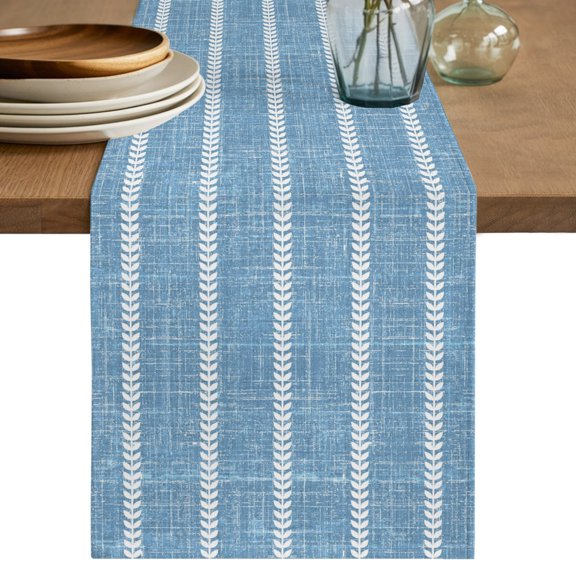 Blue Boho Stripe Light Linen Table Runner 36 Inches Long,Kitchen Dining Tablerunners Retro Nordic Lines Linen Table Runners Dresser Scarves for Home Dinner Wedding Holiday Party Decor