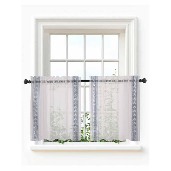 Blue Boho Striped Tier Curtains 36 Inch Length,Sheer Curtains for Bedroom Living Room Window Vintage Ethnic Tribe Rustic Geometric Small Half Window Kitchen Curtains & Drapes 27.5"x36" 2 Panels