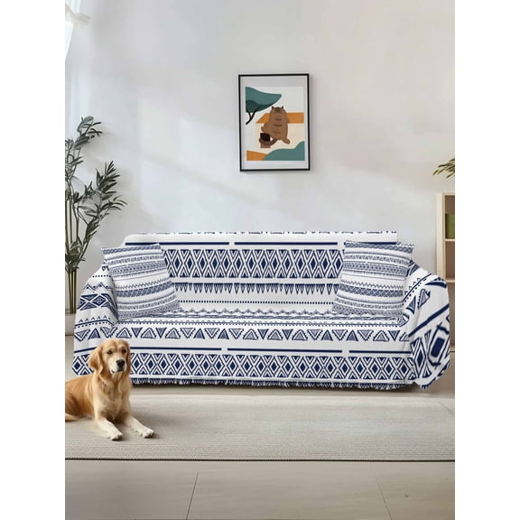 Blue Boho Stripes Couch Cover Sofa Covers 3 Cushion Sectional Couch, Minimalist Geometric Tribal Ethnic Washable Sofa Covers Slipcover Sectional Sofa Cover, Furniture Protector 71"x150"