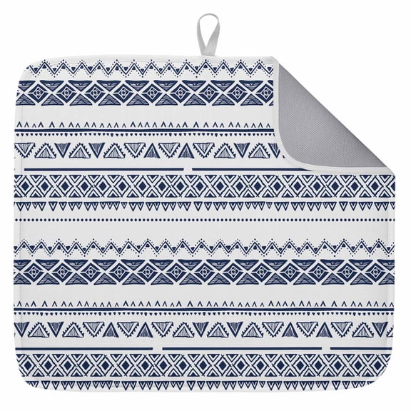 Blue Boho Stripes Dish Drying Mat for Kitchen Counter,Minimalist Geometric Tribal Ethnic Dish Mat Drying Kitchen Mat for Sink Fridge Drawer Dishes Drainer Mats Microfiber Drying Pad 1pcs 16"x18"