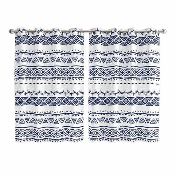 Blue Boho Stripes Kitchen Curtains 72 Inch Length, Minimalist Geometric Tribal Ethnic Grommet Top Bedroom Living Room Curtains, Light Filtering Cafe Curtain Drapes 2 Panels Set 104''x72''