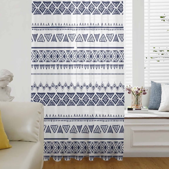 Blue Boho Stripes Semi Sheer Curtains Drapes for Living Room, Bedroom, French Doors Window 84 Inches Long, Minimalist Geometric Tribal Ethnic Rod Pocket Chiffon Curtain Drapery Voile Draperies Panel