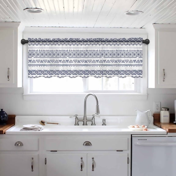 Blue Boho Stripes Valance Curtains for Kitchen/Living Room/Bathroom/Bedroom Window, Minimalist Geometric Tribal Ethnic Rod Pocket Small Topper Half Short Window Curtains Voile Sheer Scarf 42"x12"