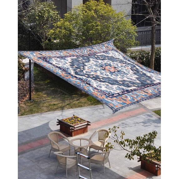 Blue Boho Sun Shade Sail 6.5'x10' Rectangle Outdoor Shade Canopy, Ethnic Geometric Middle Century Art Porch Shades Outdoor Sun Blocking Screen, Sunshade Cloth Covers for Patio/Deck/Garden