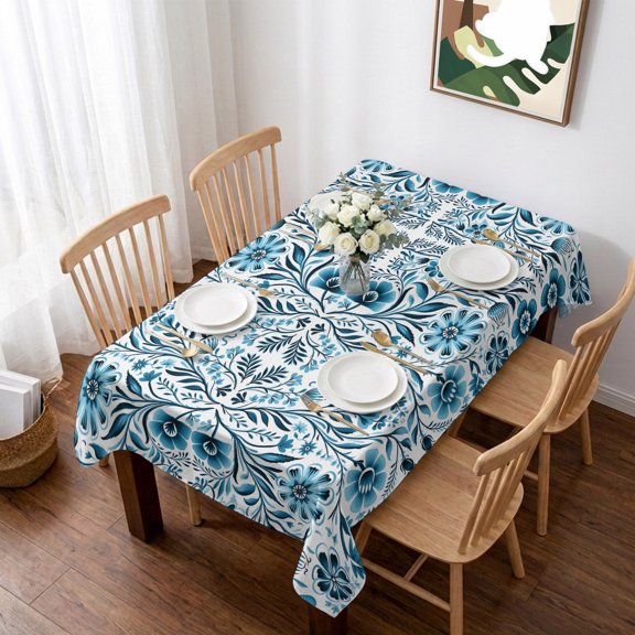 Blue Boho Table Cloth Waterproof Tablecloths, Ethnic Tribal Floral Abstract Art Aesthetics Tablecloth Dining Table Cover for Kitchen Party Tabletop Outdoor, Rectangle Tablecloth 60x102 Inch