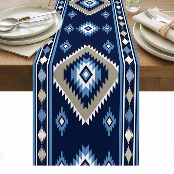 Blue Boho Table Runner - 36 Inch Long, Kitchen Dining Table Runner Dresser Scarves, Farmhouse Neutral Abstract Geometric Motifs Farmhouse Decor for Coffee Tables Wedding Party Banquet