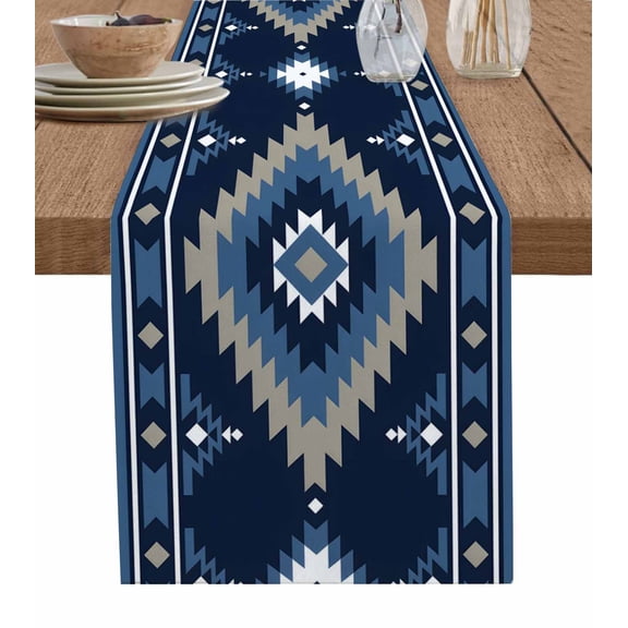 Blue Boho Table Runner 48 Inches, Aztec Southwest Abstract Geometric Motifs Bed Runner Dresser Scarves Tabletop for Indoor Outdoor Parties/Ceremony/Banquet, 13" x 48"