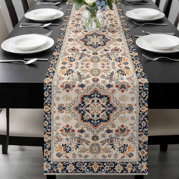 Blue Boho Table Runner 48 Inches Long, Ethnic Vintage Mexican Flowers Southwestern Kitchen Coffee Dining Table Decoration for Home Party Birthday Wedding Home Decor 13x48 Inches