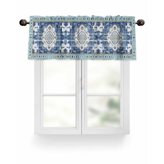 Blue Boho Texture Kitchen Valances for Windows Abstract Retro Tribal Pattern Valance Curtains&nbsp; for Kitchen /Living Room/Bedroom/ Bathroom Decor, 54"x18 " ,Rod Pocket 1 Panel,