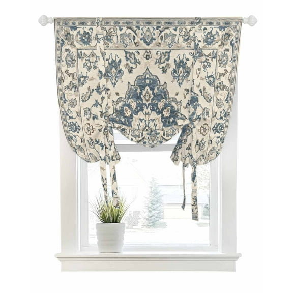 Blue Boho Tie Up Curtains for Window, Thermal Insulated Balloon Shade Adjustable Rod Pocket Curtains Valance Panels for Kitchen Bathroom Cafe 42 x 45 Vintage Southwestern Ethnic Geometric