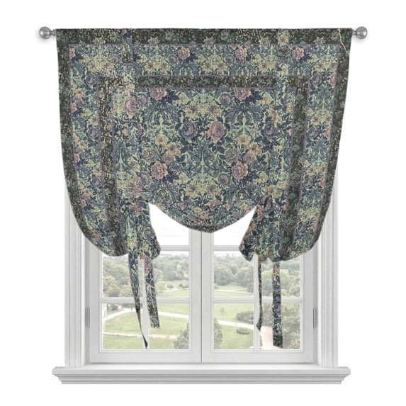 Blue Boho Tie Up Curtains for Windows, Adjustable Balloon Window Shades, Vintage Ethnic Tribe Abstract Art Floral Kitchen Window Treatments Farmhouse Short Curtains with Rod Pocket 42"x45"