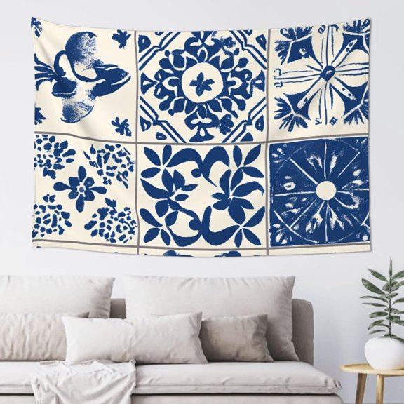 Blue Boho Tiles Morocco Floral 60x40in Tapestry For Bedroom Wall Tapestry Cute Tapestry For Bedroom Wall Decor Lightweight Fabric Wall Hanging
