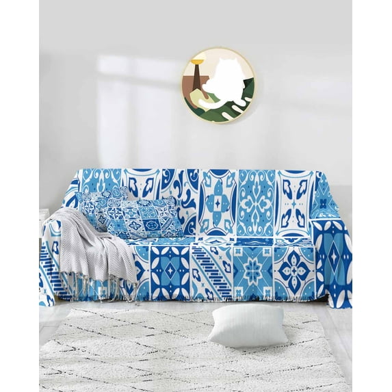 Blue Boho Tiles Morocco Floral Retro Mexican Mosaic Sofa Couch Covers for 3 Cushion Couch,Washable L Shape Sectional Sofa Covers for Loverseat/Pet/Kid,Slipcover Throw Blanket Futon Cover 71x134