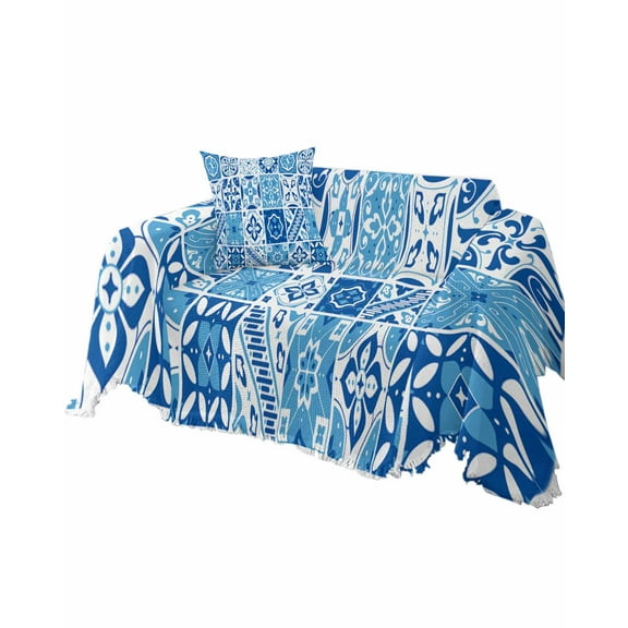 Blue Boho Tiles Morocco Floral Retro Mexican Mosaic Sofa Couch Covers for Dog,Washable Sectional Couch Slipcoverfor Loveseat with Tassels,Non Slip Sofa Throw Cover Blanket Large 71''x102''