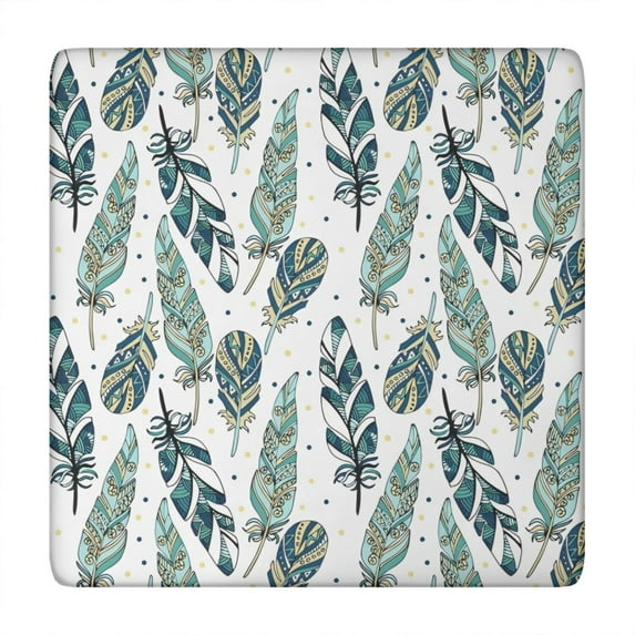Blue Boho Tribal Feathers Pattern Square Fitted Tablecloth with Elastic Edge,Square Table Cover,Washable Elastic Table Cover for Home Kitchen Party Decor 34"x34"