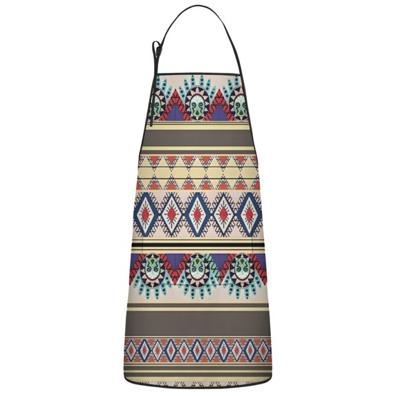 Blue Boho Tribal Masks and Diamonds Pattern Apron-Garden Aprons for Women with Pockets-Cotton Linen Waterproof Kitchen Cooking Gardening Aprons Adjustable for Kitchen,Cooking,BBQ and Salon 33x27 Inch