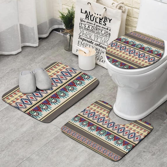 Blue Boho Tribal Masks and Diamonds Pattern Bathroom Rugs Sets 3 Piece,Toilet Cover Set,Absorbent Non Slip Bathroom Mats Sets with U-Shaped Contour Rug Toilet Rug Set
